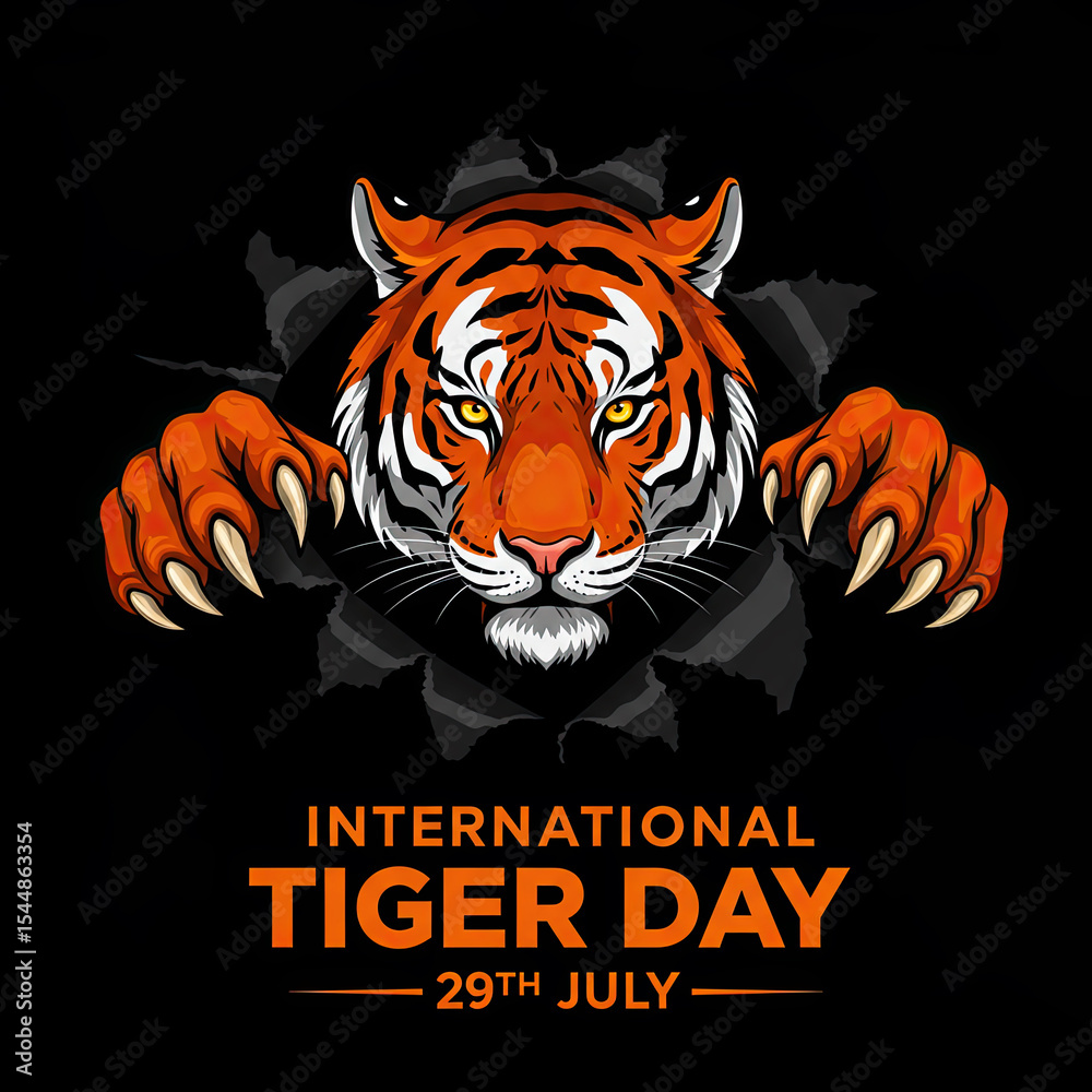 Obraz premium International tiger day illustration with a fierce tiger breaking through a black background