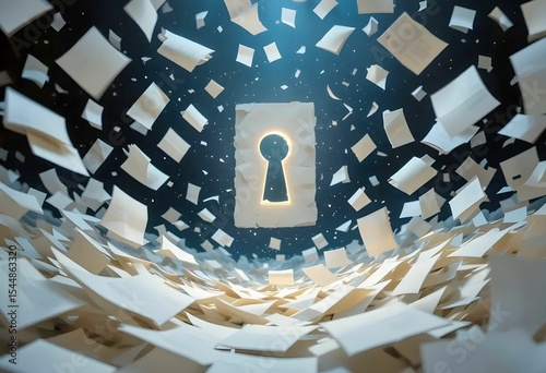 surreal illustration of floating glowing keyhole surrounded by flying sheets of paper against a mystical dark blue sky