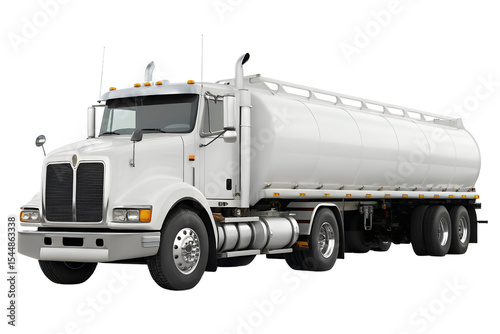 A detailed isolated shot of a white fuel tanker truck on a PNG  background, tanker, truck, fuel, oil, transportation, vehicle, delivery, industry, commercial, diesel, gasoline, transport, tank, trail