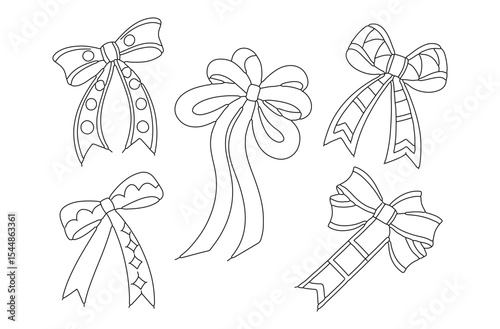Five Decorative Bows in Outline Style with Different Patterns and Designs The image shows