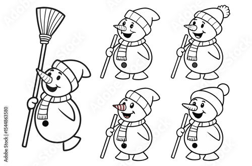 Festive Winter Fun A Collection of Adorable Snowman Six Cheerful Snowmen Illustrations in Black and White Featuring Hats Scarves and Broom collection
