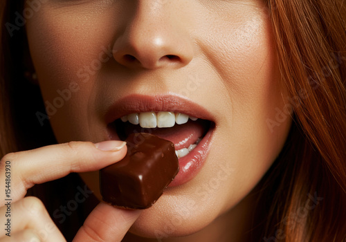 Woman putting chocolate praline in mouth, close up