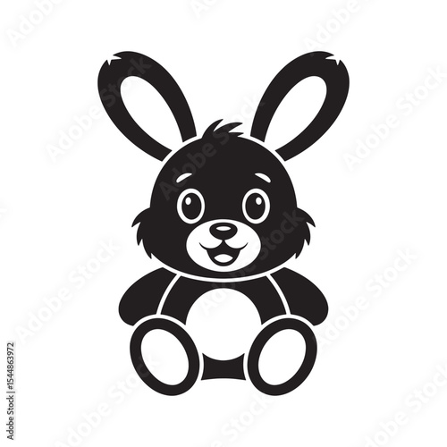 Cute bunny plush toy silhouette icon with big ears and happy face graphic isolated on white background.