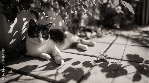 Black and white cat relaxing in a calm environment. Captures feline elegance, comfort, and peaceful domestic life with natural pose and cozy atmosphere.