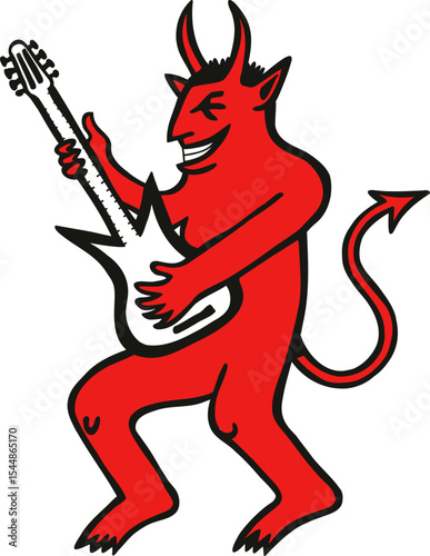 Red devil man playing electric guitar, performing rock and roll music. Cartoon illustration of a demon for Halloween party.