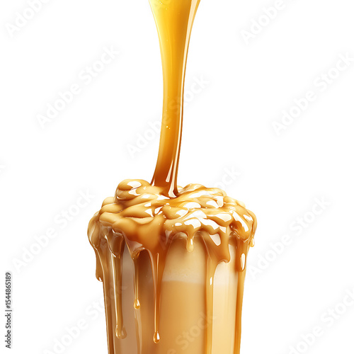 Caramel Sauce Pouring into a Glass, Dripping Down the Sides