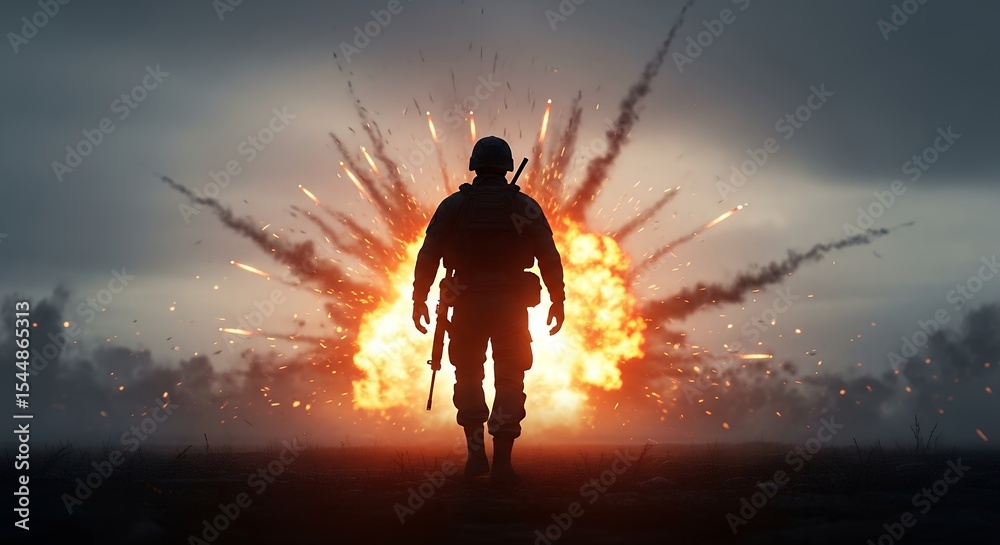 Fototapeta premium Lone soldier standing in front of a massive fiery explosion