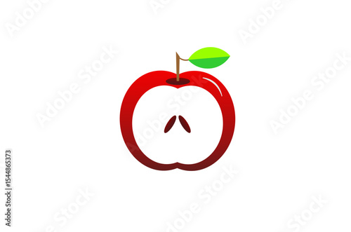 Minimalist ilustration of a red apple cut in half. Red apple illustration. Red apple with green leaves illustration. Cartoon red apple illustration. Healty fruit design.