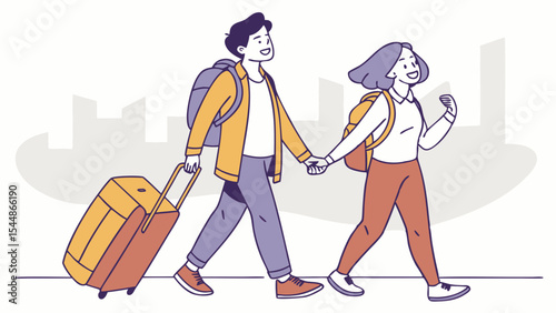 Young couple silhouettes with shopping bags and luggage walking for travel