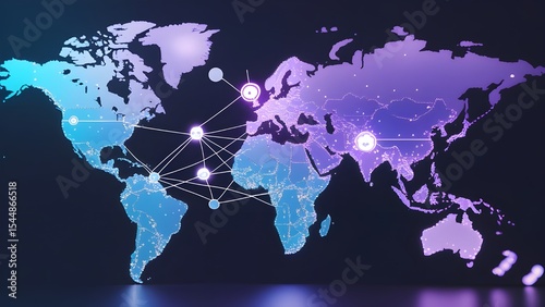 Flat-style vector illustration of a glowing global network map, with connecting lines between continents, data nodes, and cloud icons. Soft blue and purple gradients on a clean white or dark backgroun