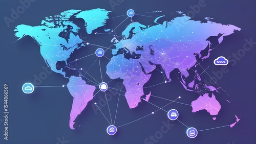 Flat-style vector illustration of a glowing global network map, with connecting lines between continents, data nodes, and cloud icons. Soft blue and purple gradients on a clean white or dark backgroun