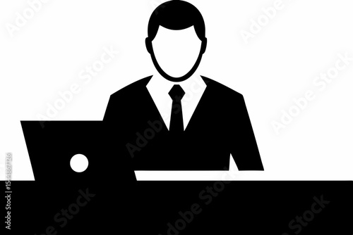 Business Professional Silhouette Icon Sitting Behind Desk with Laptop