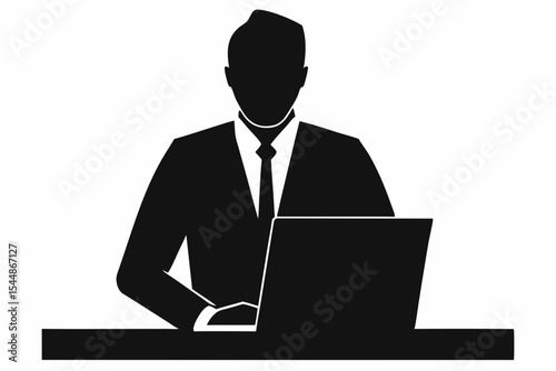 Flat Black Vector of Businessman Working on Laptop in Minimal Silhouette Style
