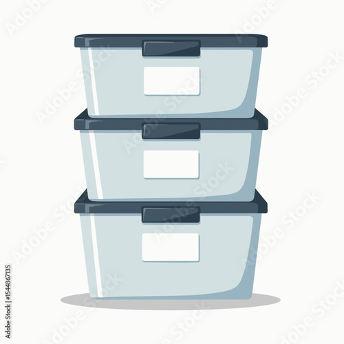 Stack of Three Light Blue Storage Bins with Dark Blue Lids and Label Areas Illustration