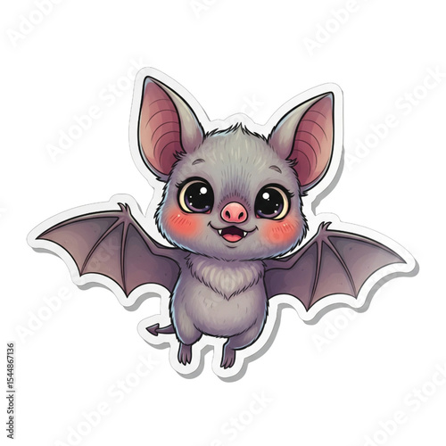 Tiny bat character flapping wings, wide eyes and rosy cheeks, designed as a die-cut sticker, vector