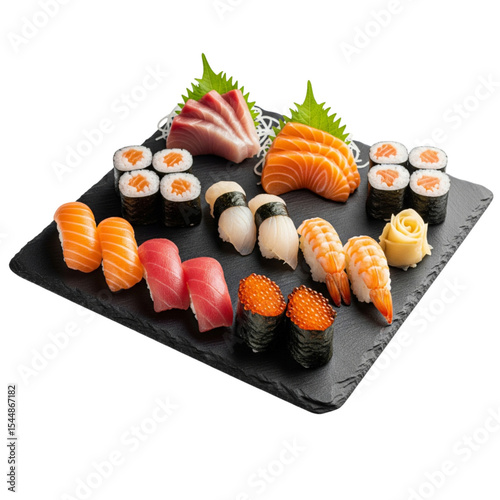 Assorted sushi and sashimi on a slate serving board, arranged precisely in minimalist Japanese style with white background