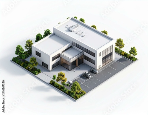 Modern white office building with parking lot and landscaping Aerial isometric view