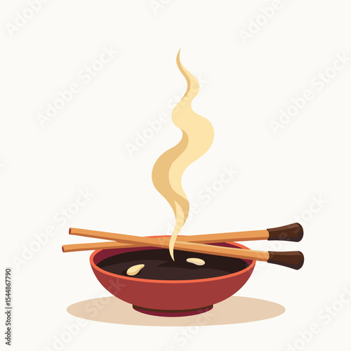 Cartoon Illustration of a Steaming Bowl of Asian Soup with Chopsticks Resting on Top, Ready to Eat