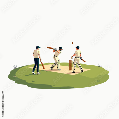 Cricket Match Illustration: Batsman Hitting Ball with Fielder and Umpire on Green Field