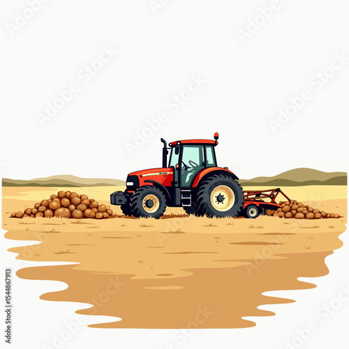 Red Tractor Harvesting Potatoes in a Field Illustration with Mounds of Potatoes and Rural Landscape