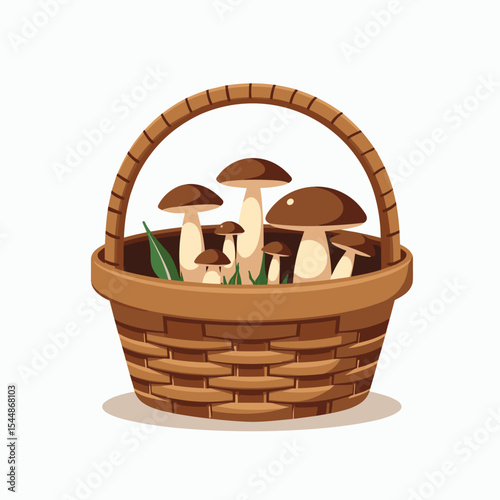 Illustration of a Wicker Basket Filled with Brown Mushrooms and Green Leaves on a White Background