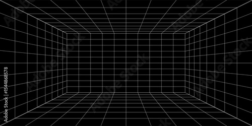 Futuristic perspective grid box. Abstract wireframe with white grid line on black background. Virtual reality landscape in 80s 90s digital style. Vector illustration.