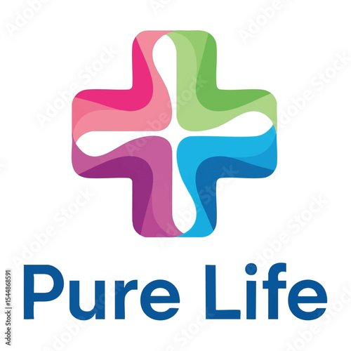 "Pure Life" – a modern, fluid medical cross logo with a vibrant, intertwining multi-color design, in vector format, ready for use.