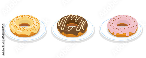 Round of colorful donuts. Chocolate, pink, vanilla glaze. Dessert  isolated on white background. Flat isometric vector set illustration.