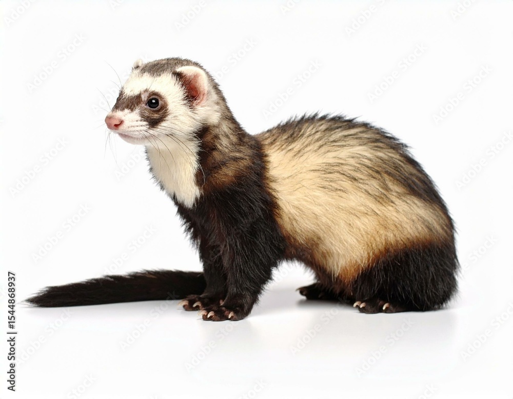 Domestic ferret brown and white fur sitting on white background pet ferret