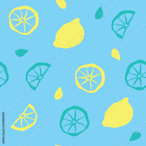 Vector seamless pattern with hand drawn abstract lemons and leaves