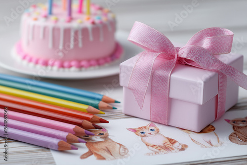 Birthday Cake and Gift Scene. Festive birthday setting with pink cake and gift. Ideal for birthday party design.