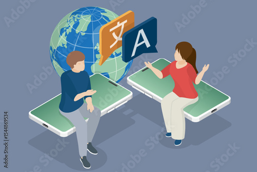 Online translator in mobile phone concept. Chat message on mobile translate application. Translator app. Man and woman communicate using a smartphone. 3d flat isometric vector illustration.