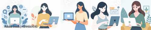 vector female character holding laptop