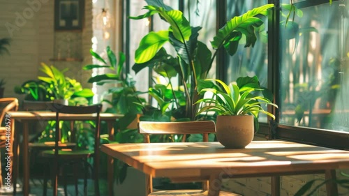 Indoor cafe space with sunlight and lush plants
