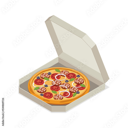 Italian pizza. Hot pizza in slightly open cardboard delivery box. 3d vector isometric illustration isolated on white background.