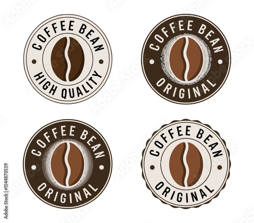 set of four vintage coffee bean logos with brown and beige color scheme for high quality branding, packaging, and café label design