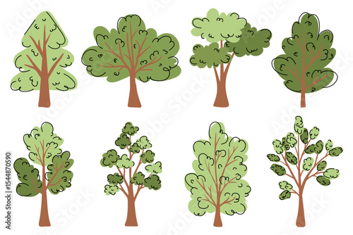 Green trees collection in hand drawn flat style. Woods doodle symbols set. Spring and Summer trees. Artistic forest tree icons for presentations, website, ads, school, kids, infographics, packaging. 
