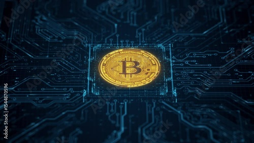 Golden bitcoin crypto currency digital technology on circuit board. Abstract futuristic 3D render background. Future of money global market exchange. Lightning network transactions. BTC mining concept