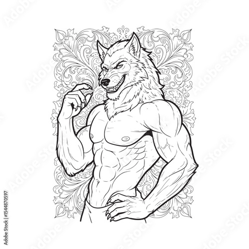 Muscular Wolfman Line Art Baroque Frame Werewolf Bodybuilder