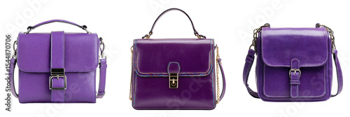 Set of purple color leather shoulder bag isolated on a transparent background