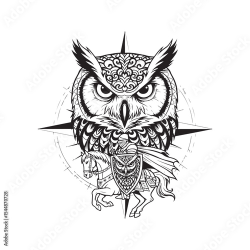 Ornate Mandala Owl Knight Horseback Compass Graphic
