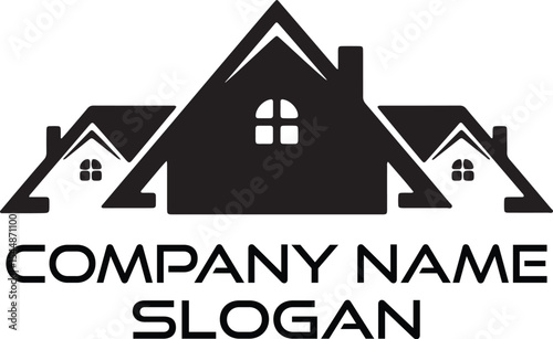 Black And White Real Estate Company Logo Three Houses Simple Design Home Icon Symbol Building Architecture House Image