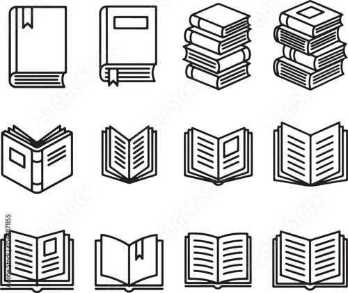 Collection of Black and White Book Icons Single Closed Books Stacked Books Open Books Reading Books Library Literature Education Symbols