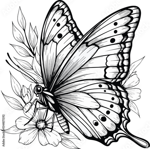 Detailed Line Art Drawing of a Black and White Butterfly Resting on Flowers with Intricate Wing Details and Floral Surroundings