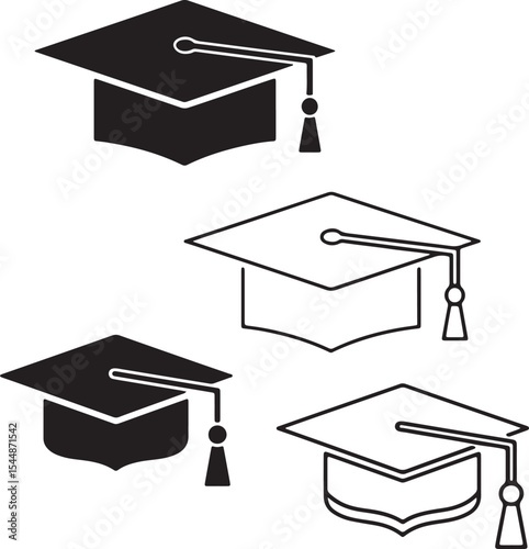 Four Graduation Caps Icon Set Black White Outline Styles Academic Symbols Education Graduation Ceremony Vector Illustration