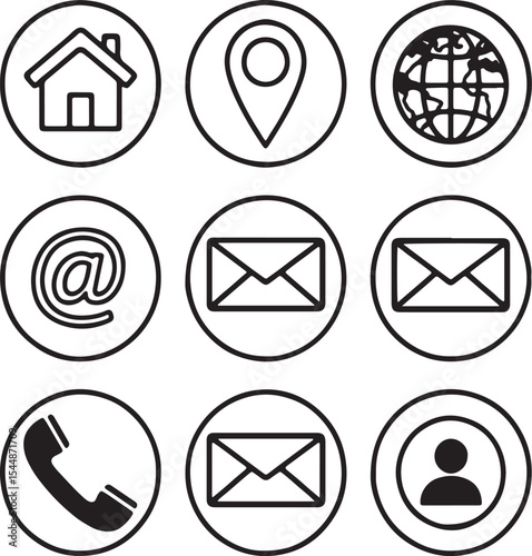 Nine Black and White Contact Icons in Circles Home Location Globe Email At Symbol Phone Person