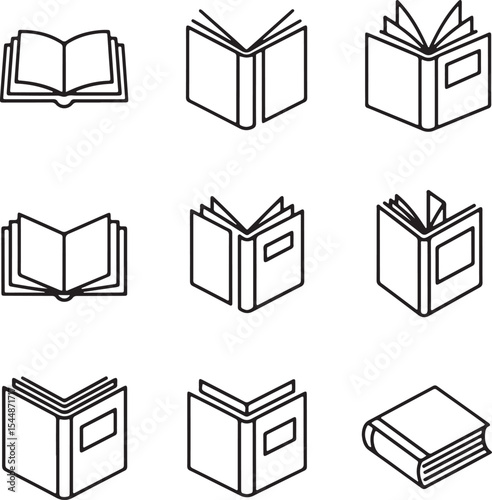 Nine Black Line Art Book Icons Open Closed and Angled Views Simple Book Illustrations for Education Reading Literature Knowledge Themes