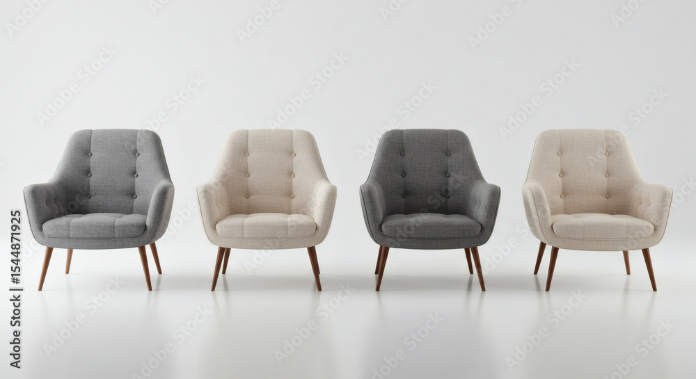 Obraz premium Mid-century modern lounge chair design with wooden legs and neutral-tone upholstery, captured in high-resolution on a seamless white background with realistic studio lighting and natural floor shadows