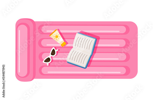 Pink inflatable pool mattress with summer accessories. Float vector icon isolated on white background.