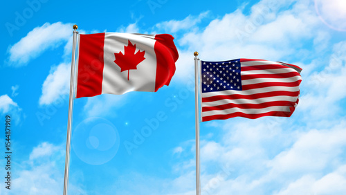 Flag of Canada and America blowing in the sky